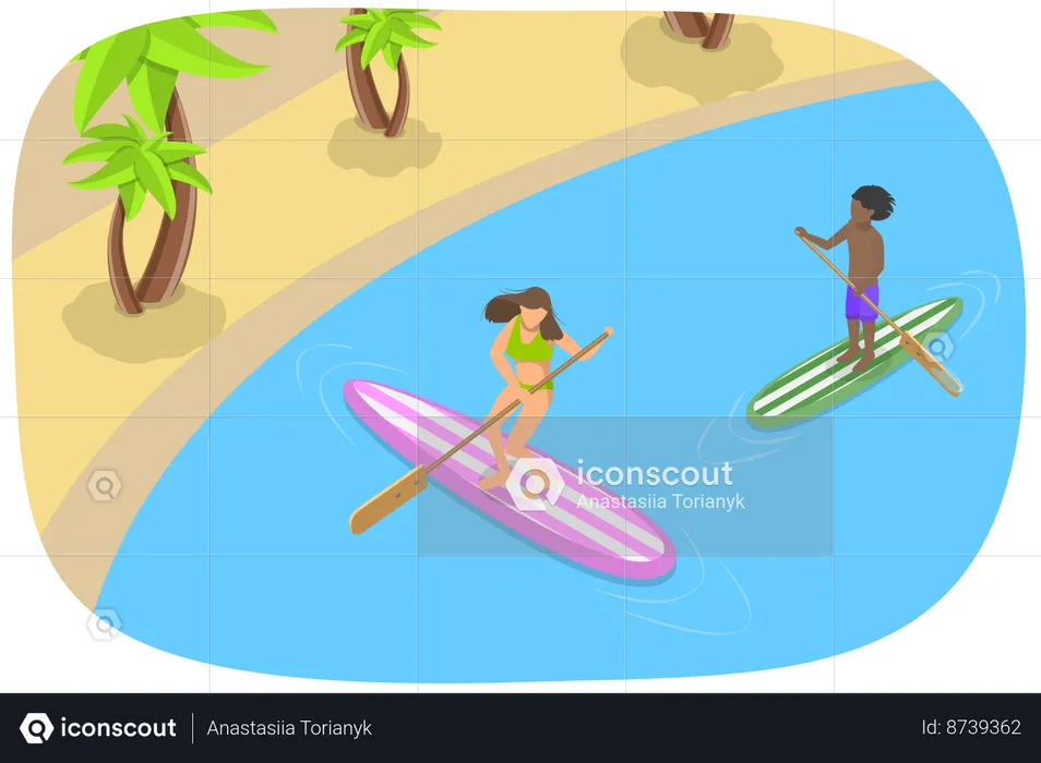 People enjoying sup surfing  Illustration