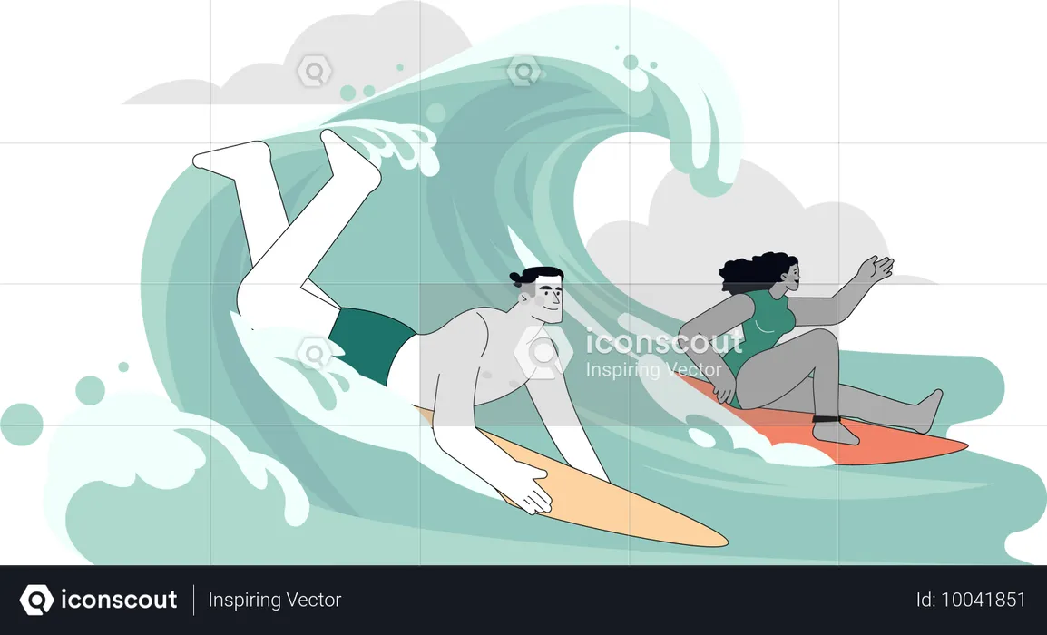 People enjoying surfing in Ocean  Illustration