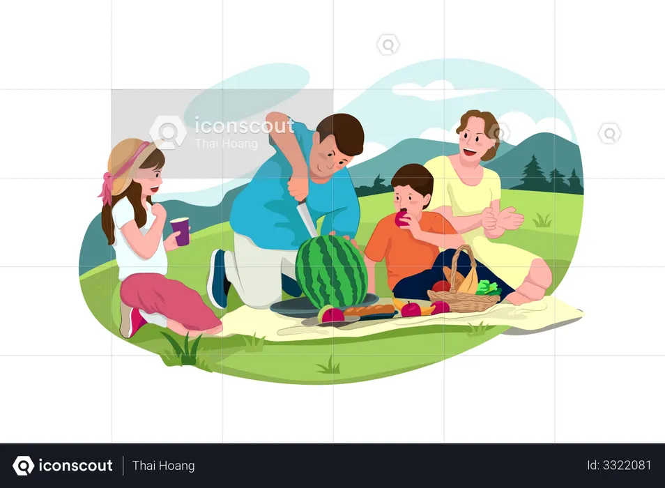 People Enjoying watermelon at Picnic  Illustration