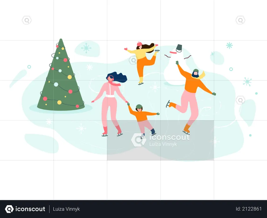 People enjoying winter season with christmas tree and snowman  Illustration