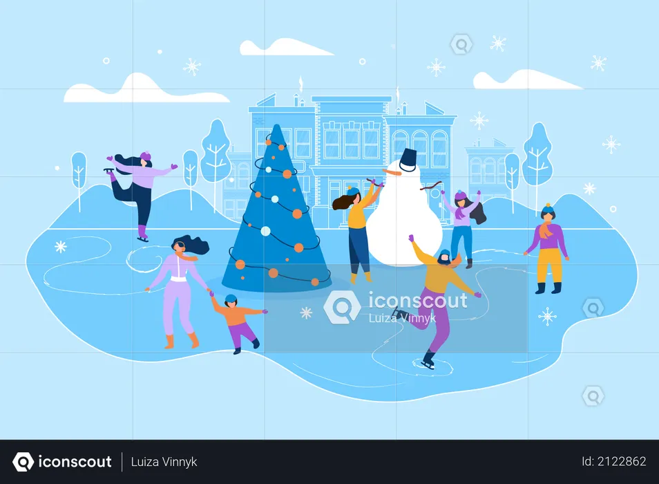 People enjoying winter season with christmas tree and snowman in the city  Illustration