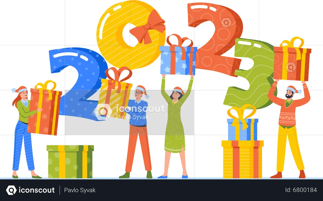 People Exchange Gifts and Holding Huge 2023 Numbers  Illustration