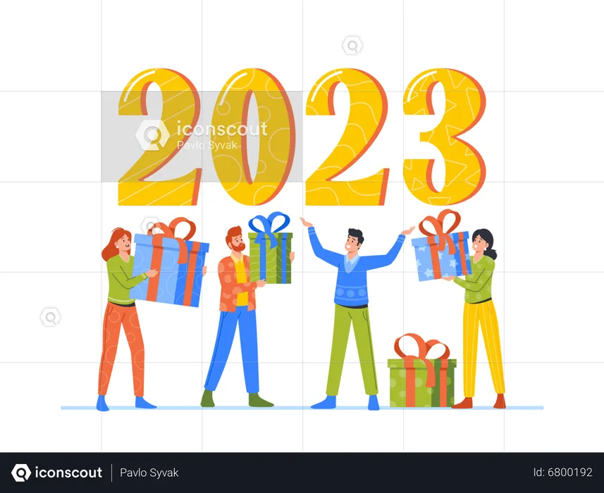 People Exchange Gifts At Huge 2023 Numbers  Illustration