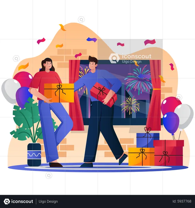 People exchanging New Year Gift  Illustration