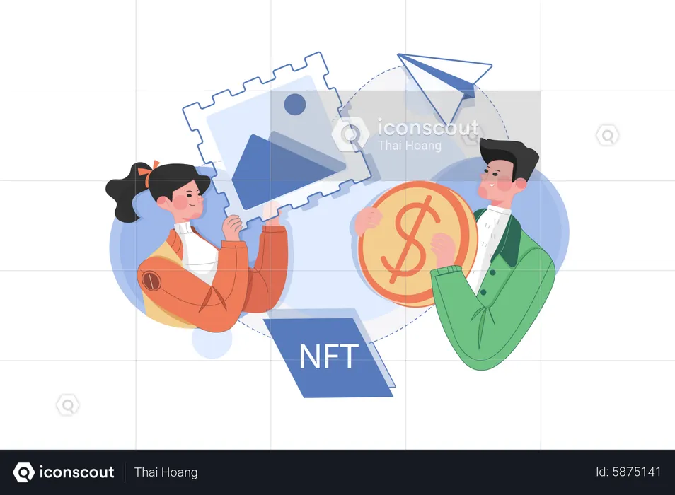 People exchanging NFT artwork  Illustration