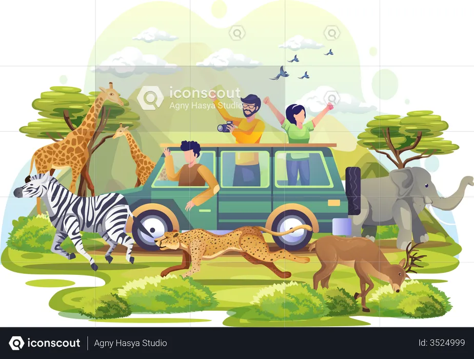 People exploring savanna in a vehicle  Illustration