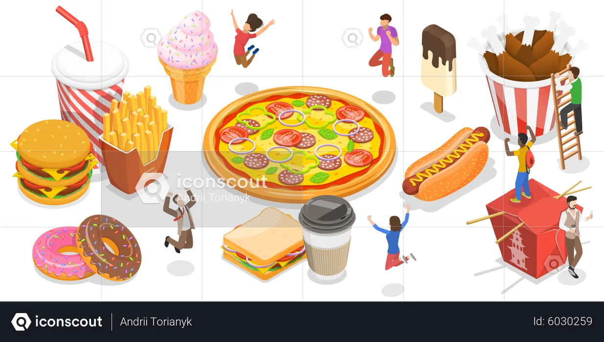 People feeling rejoiced from junk food  Illustration