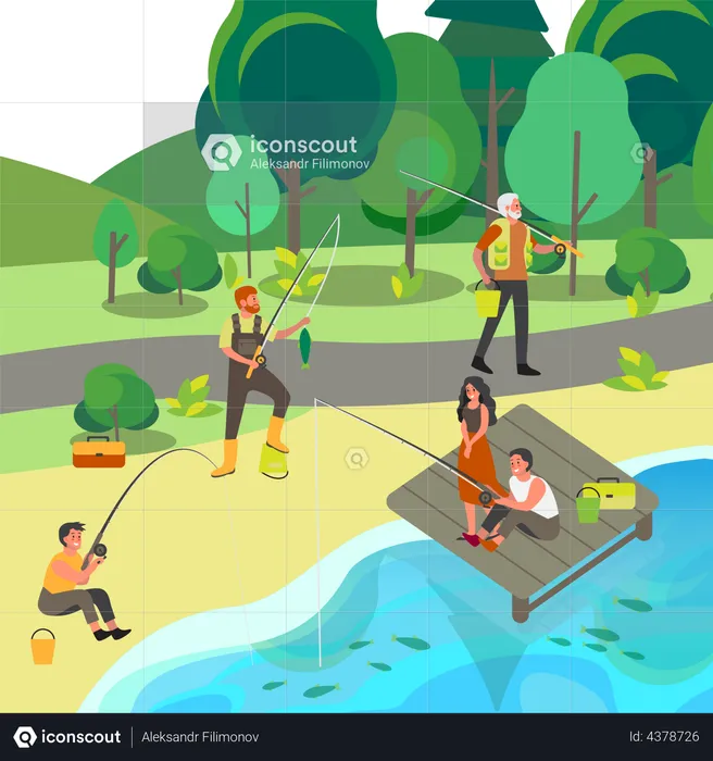 People fishing with fishing rod in park  Illustration