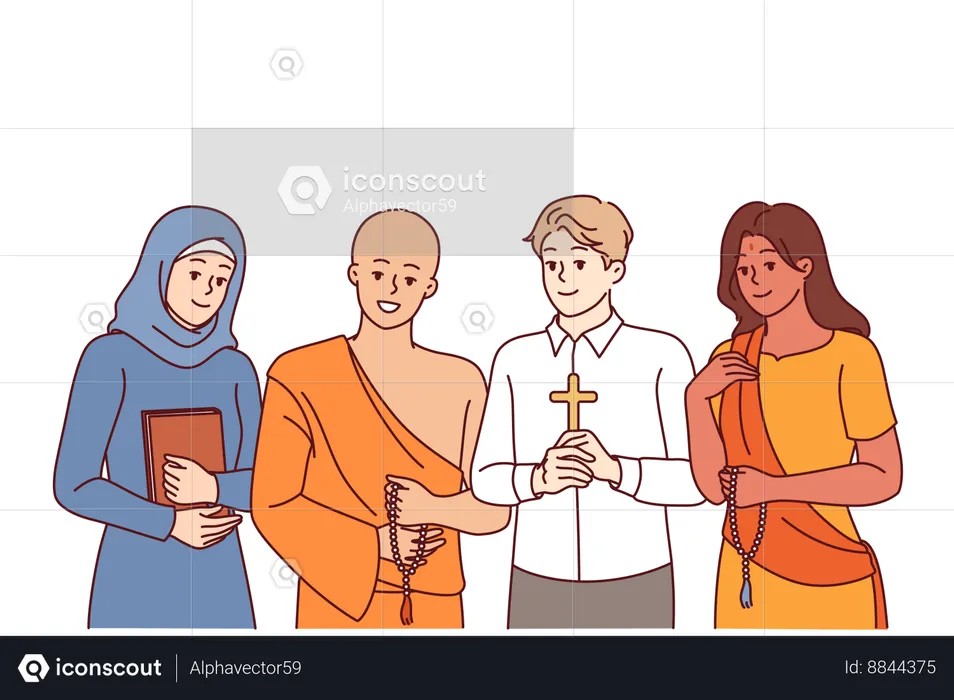 People from different religious groups stand together  Illustration