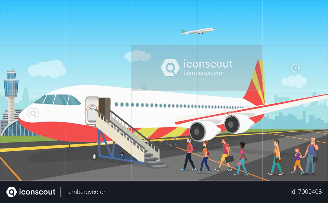 People getting board on airplane  Illustration