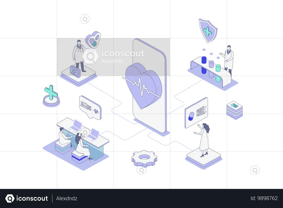 モバイルアプリでオンラインで心臓病の診察を受ける人々  イラスト