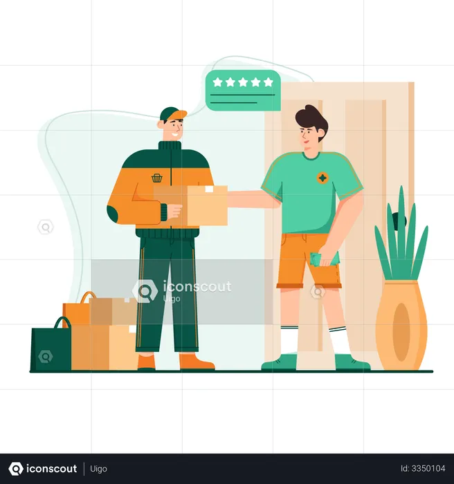 People getting delivery and giving delivery ratings  Illustration