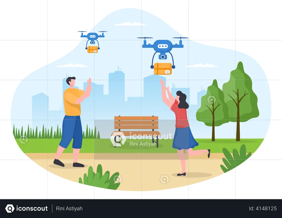 People getting delivery by drone  Illustration