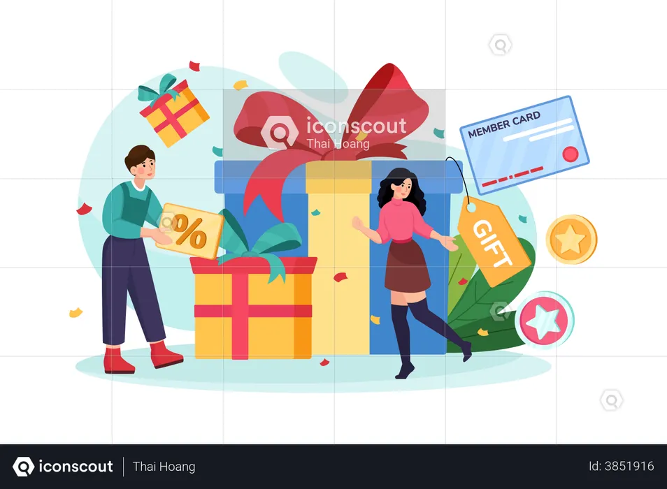 People getting gift and gift card in customer loyalty program  Illustration