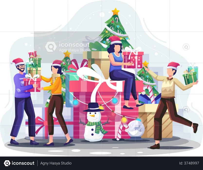 People giving each other Christmas gifts  Illustration