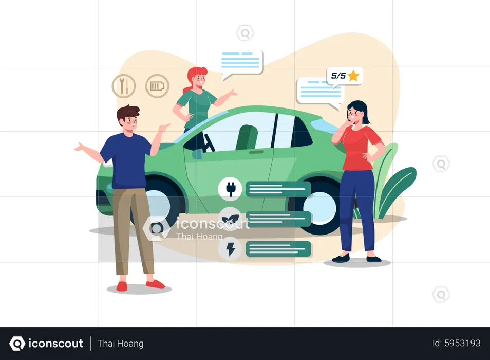 People Giving Reviews On Electric Car  Illustration