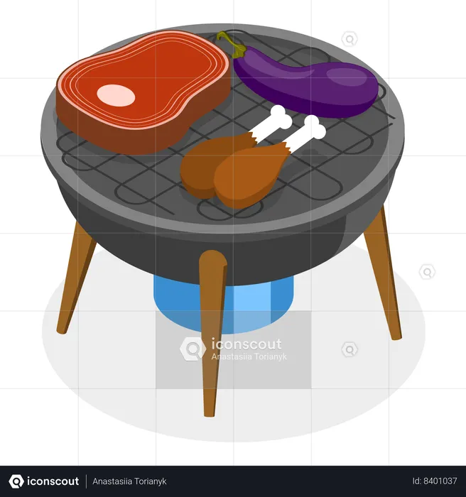 People grilling chicken, meat and eggplant on barbeque  Illustration