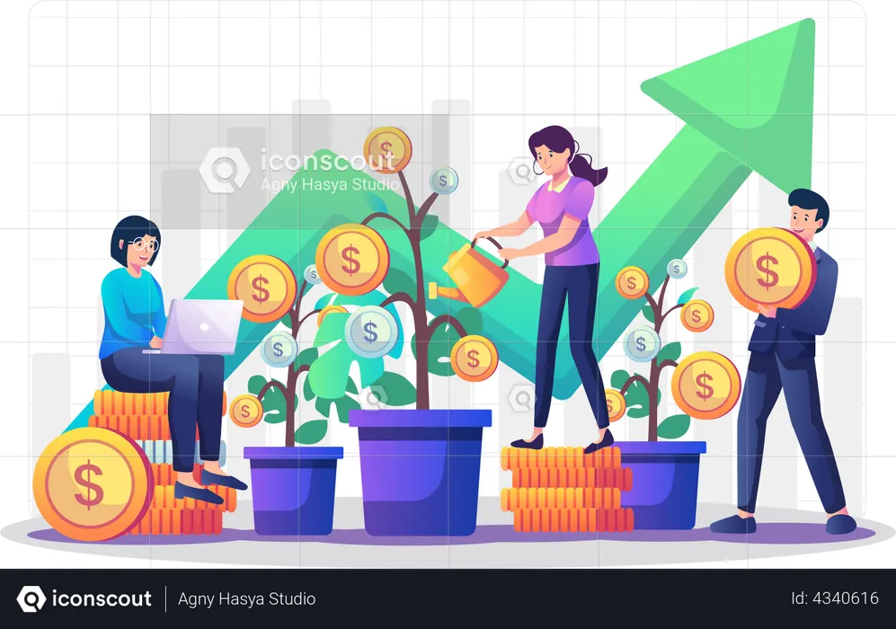 People growing investment money  Illustration