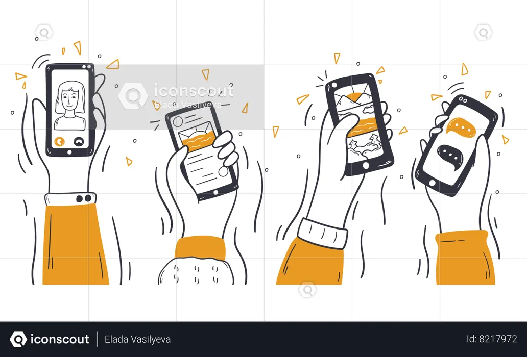 People hands with phone showing different uses of phone  Illustration