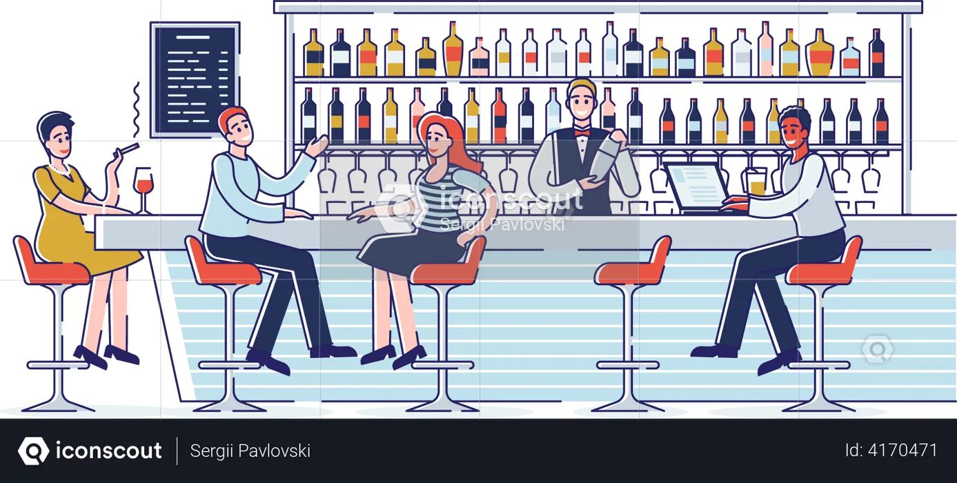 People Have A Good Time Communicating At A Bar Counter  Illustration