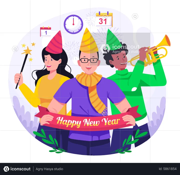 People Have Party Together To Celebrate New Year  Illustration