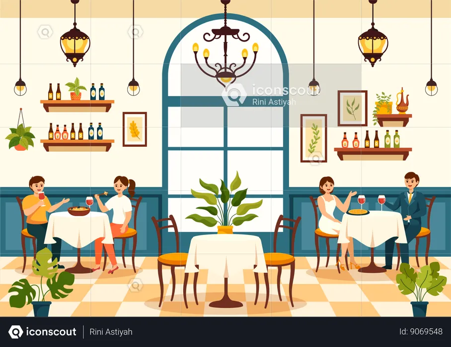 People having food in Spanish Restaurant  Illustration