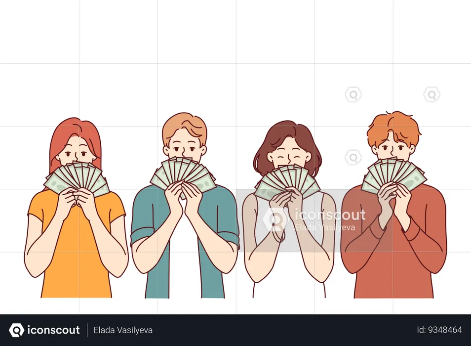 People hold money close to faces boasting about salary received or profit won in financial lottery  Illustration