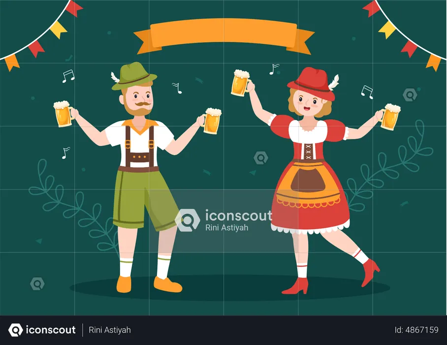 People holding beer glass while dancing on Oktoberfest Festival  Illustration