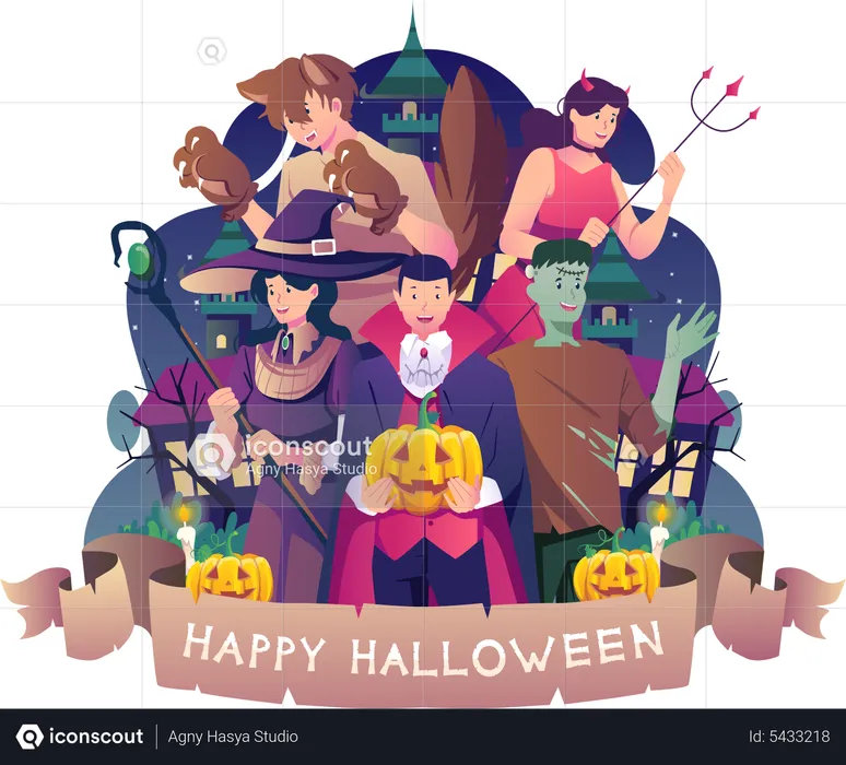 People in costumes celebrating Halloween  Illustration