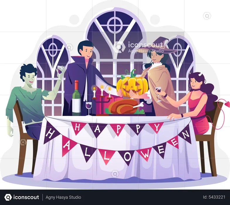 People in costumes have dinner on the table on Halloween night  Illustration