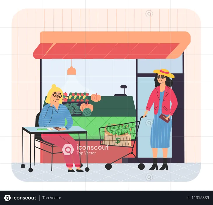 People in grocery store with fresh food  Illustration