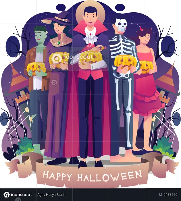 People in Halloween costumes  Illustration