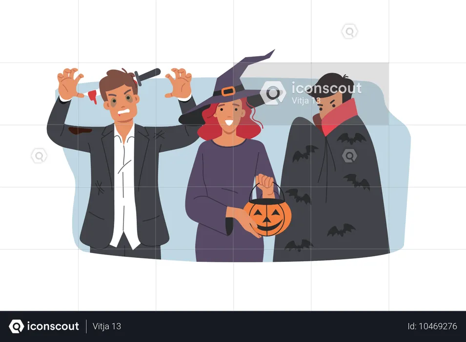 ハロウィーンの衣装を着た人々は、10月31日を祝う友人を怖がらせるために恐ろしい表情をしています  イラスト