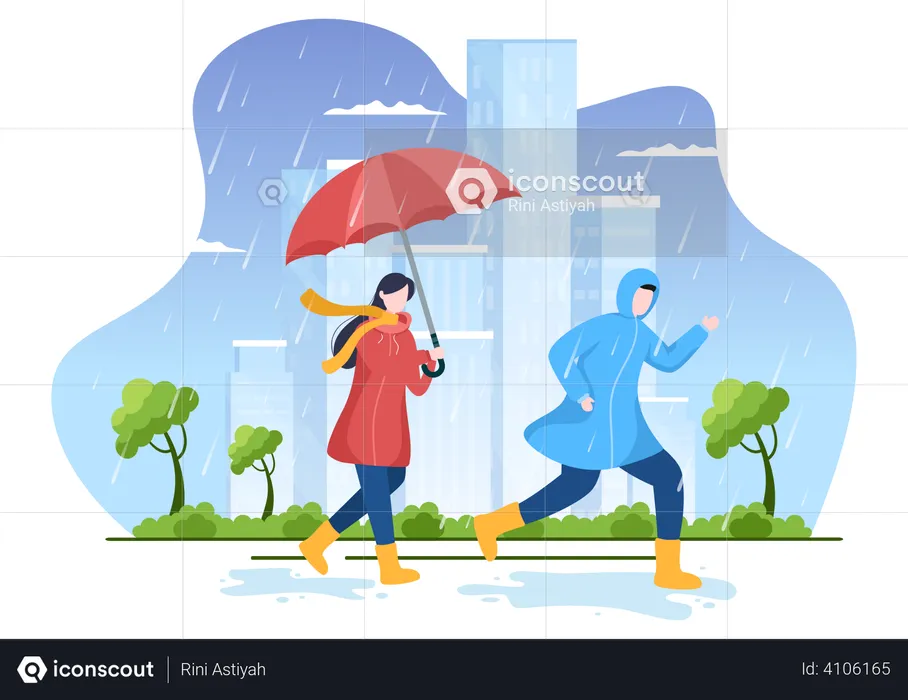 People in rain  Illustration