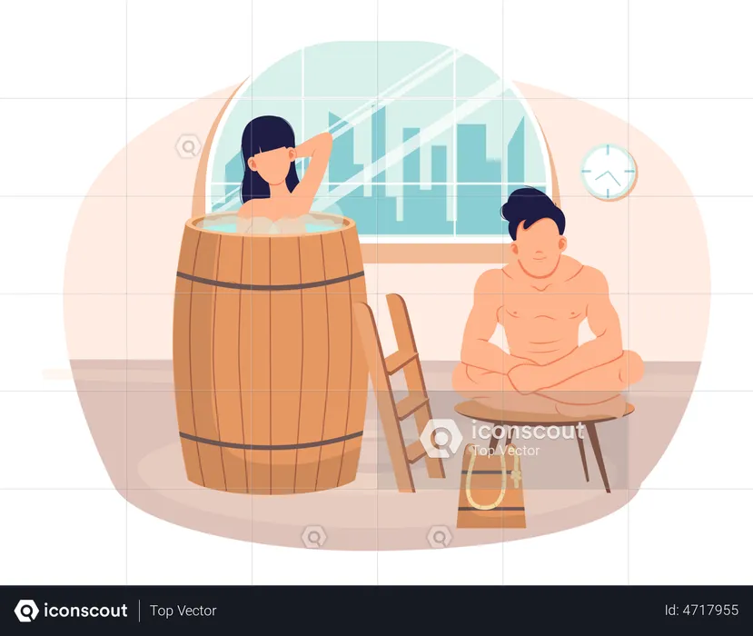 People in relationship are resting in sauna. Couple is bathing and spending romantic time together  Illustration