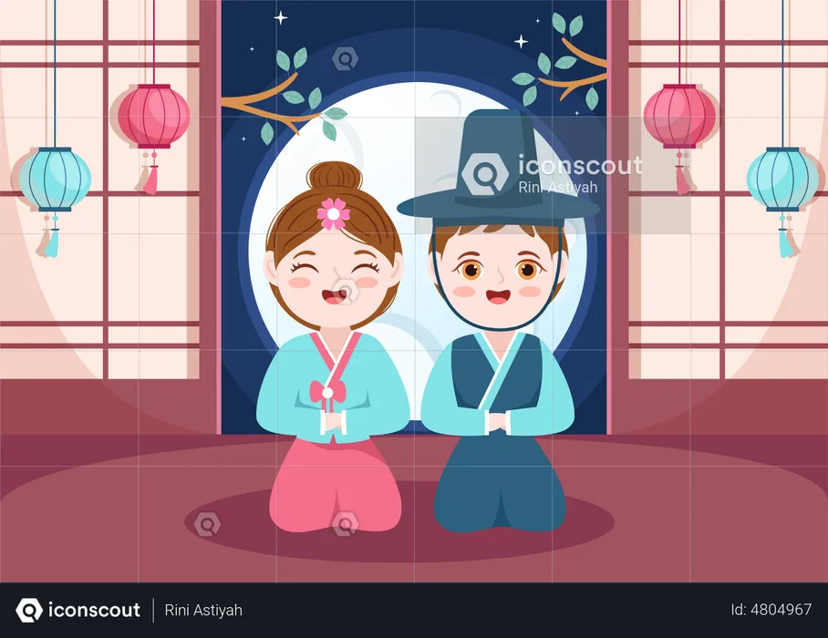 People in Traditional Hanbok on Chuseok Day  Illustration