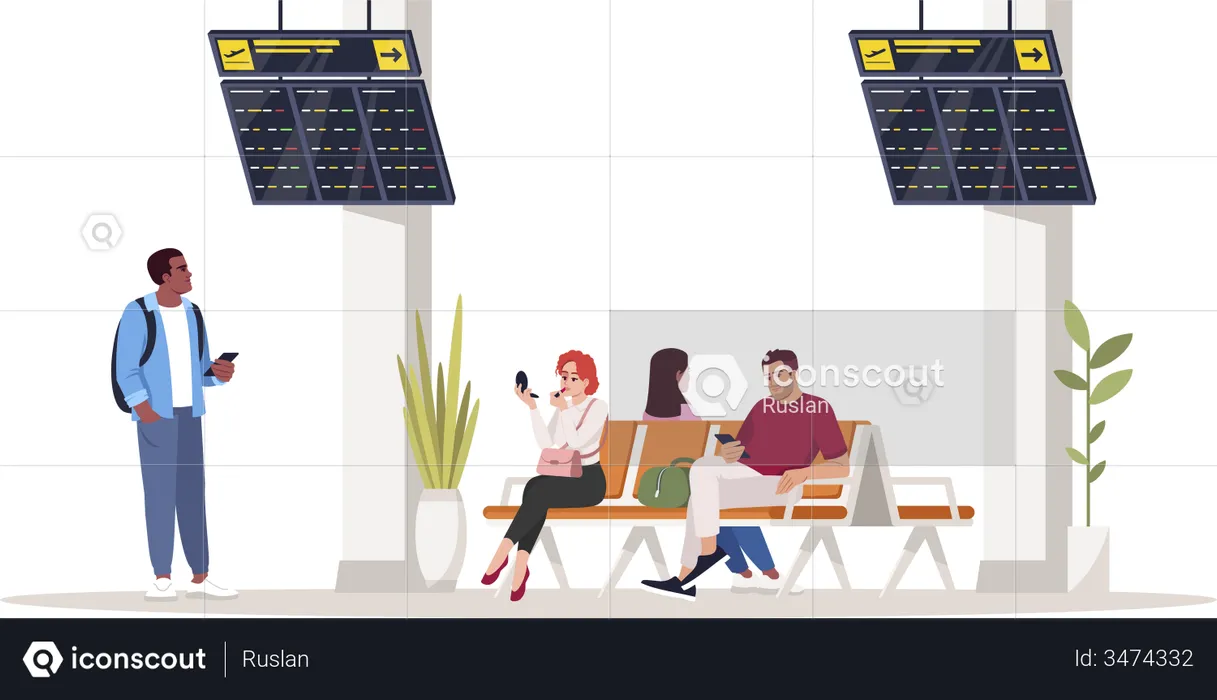 People in waiting area at airport  Illustration