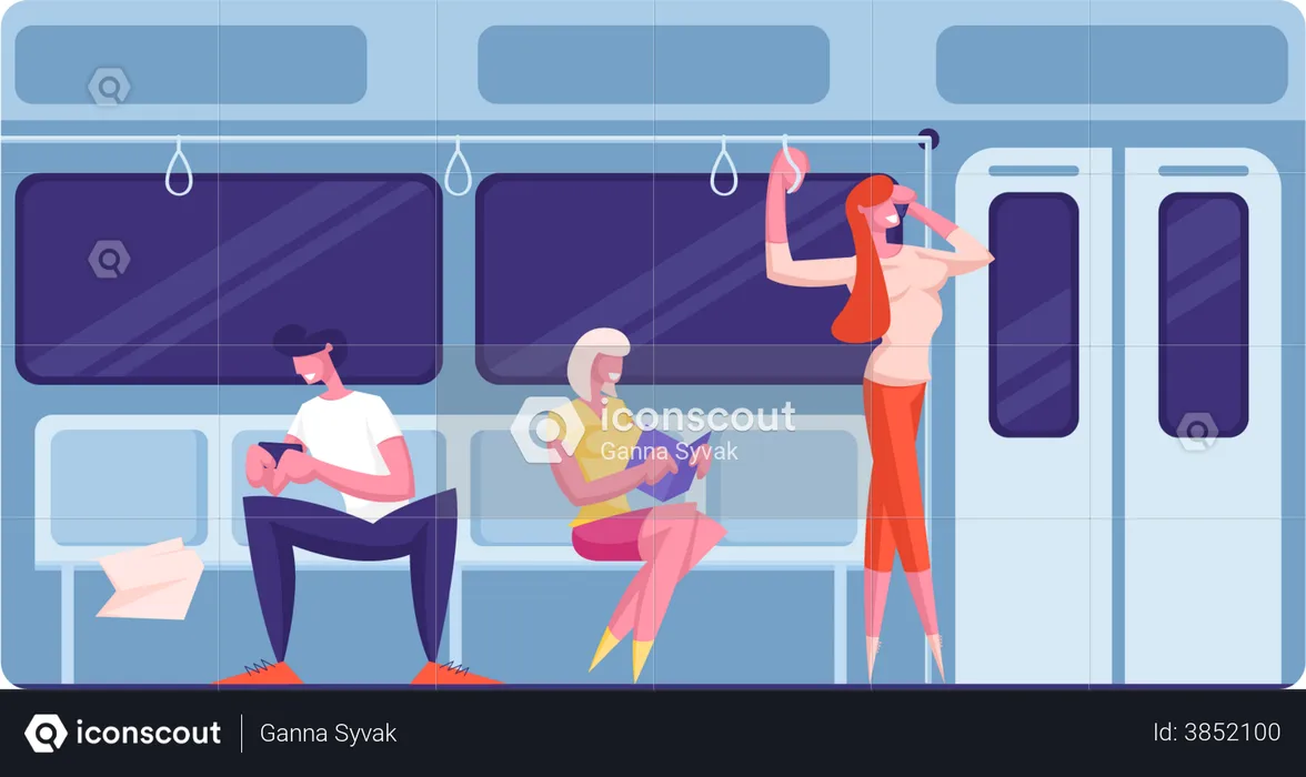 People inside train doing leisure activities  Illustration