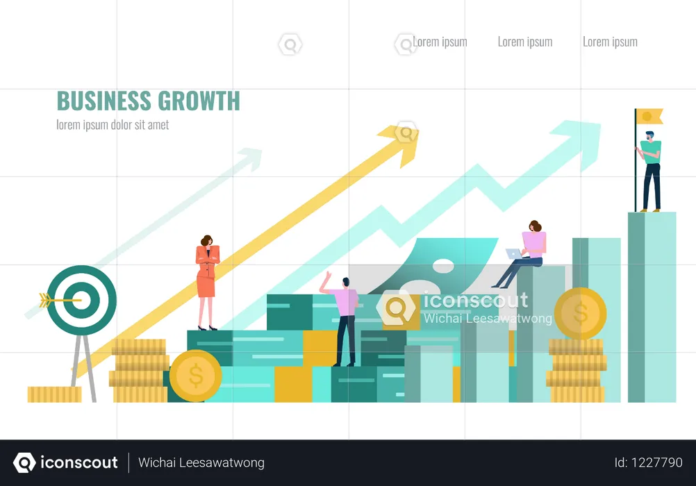 People investor and office worker secretary standing on stack of money, Business growth concept  Illustration