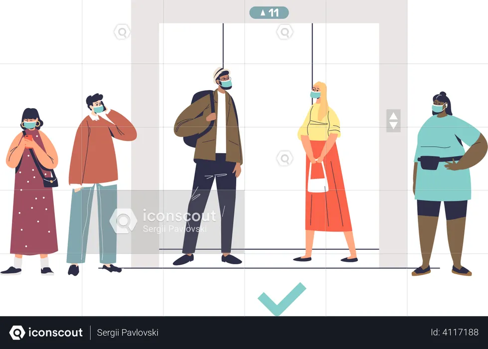 People keeping social distance and waiting for elevator  Illustration