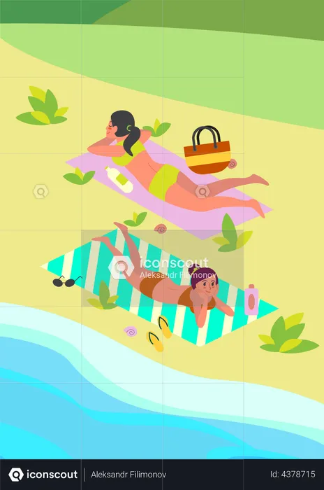 People laying on beach towel  Illustration