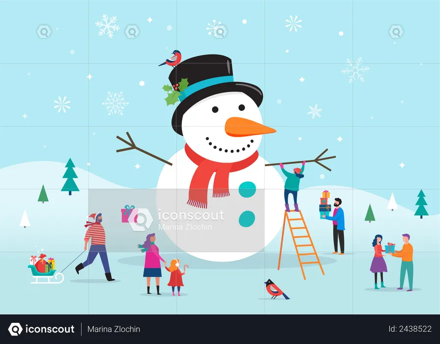 People making snowman  Illustration