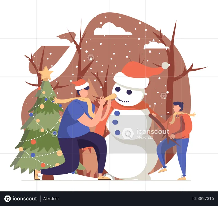 People Making Snowman  Illustration