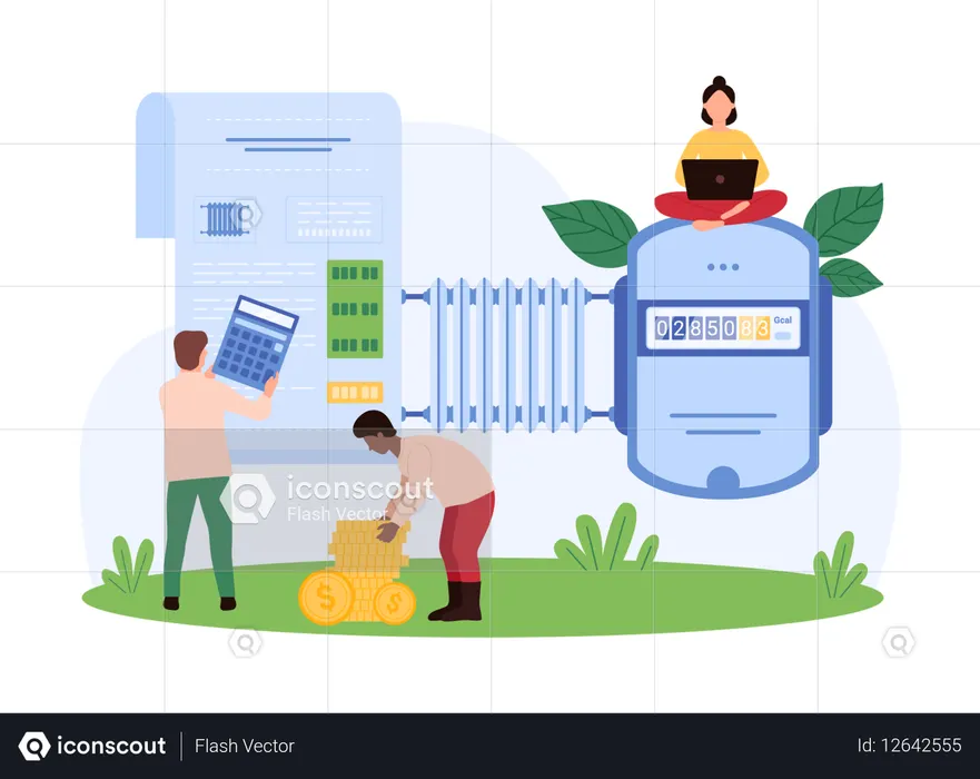 People Managing Heating Utility Bills with Technology  Illustration