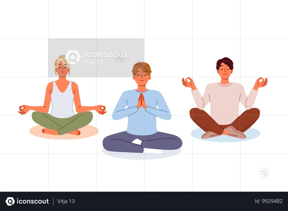 People meditate sitting in lotus position  Illustration