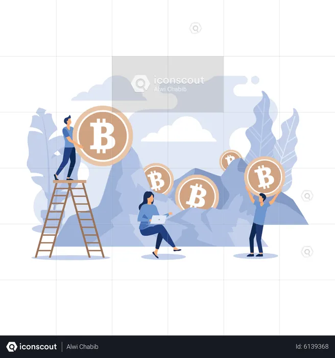 People mining bitcoin from mine  Illustration