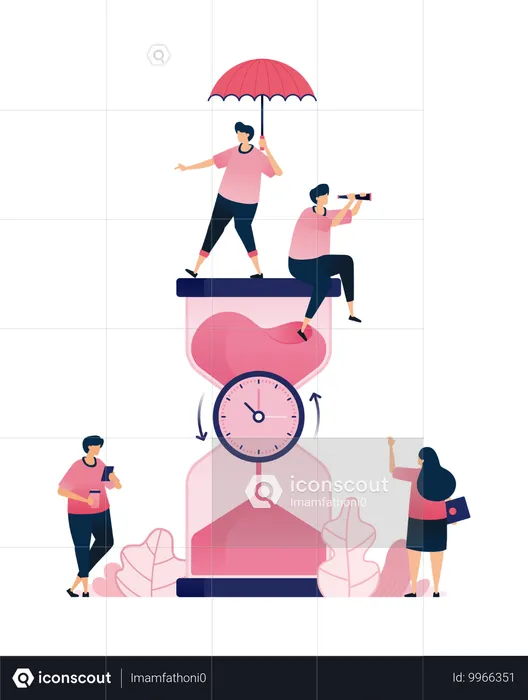 People moving around clock bound by hourglass for countdown  Illustration