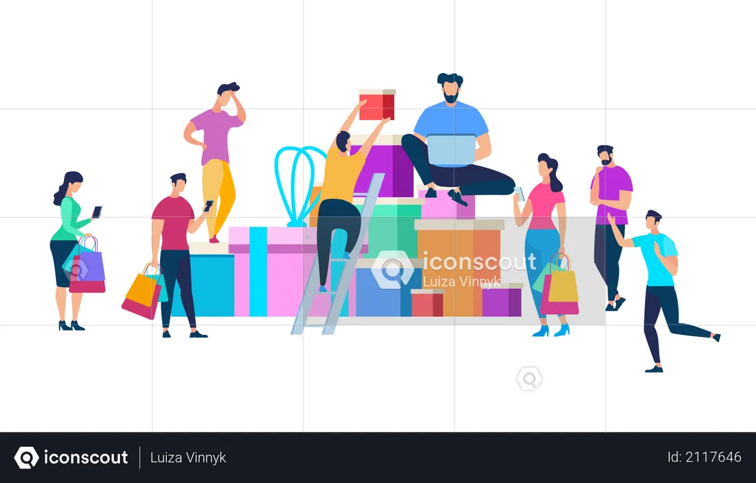 People Moving Around of Huge Heap of Gift Boxes  Illustration