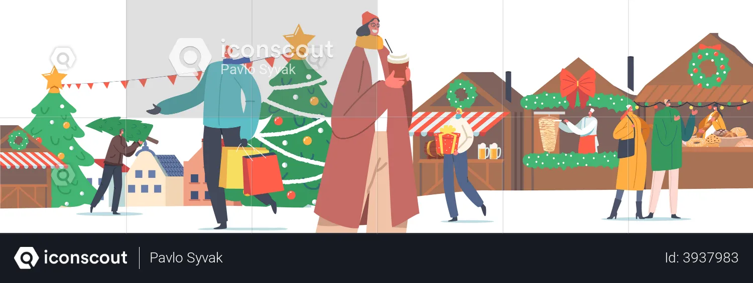 People on Christmas Market  Illustration