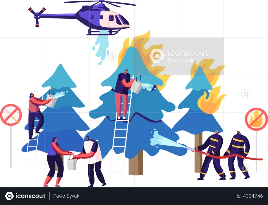 People Panicked Due to Forest Wildfire in the Forest  Illustration